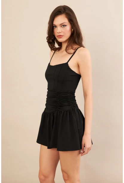 Kadın Siyah Drapeli Mini Elbise DCF080
