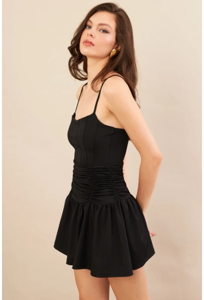 Kadın Siyah Drapeli Mini Elbise DCF080