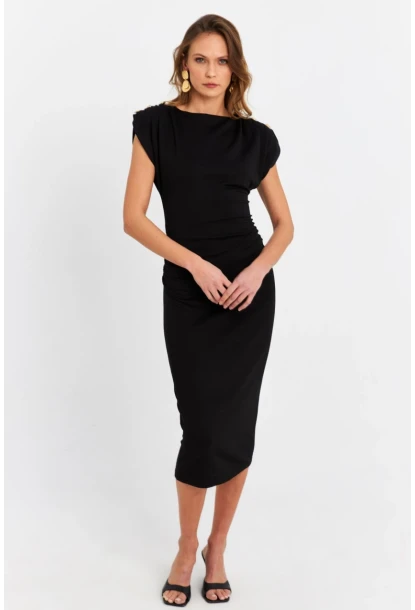 Kadın Siyah Düğme Aksesuarlı Vatkalı Midi Elbise MOD4272