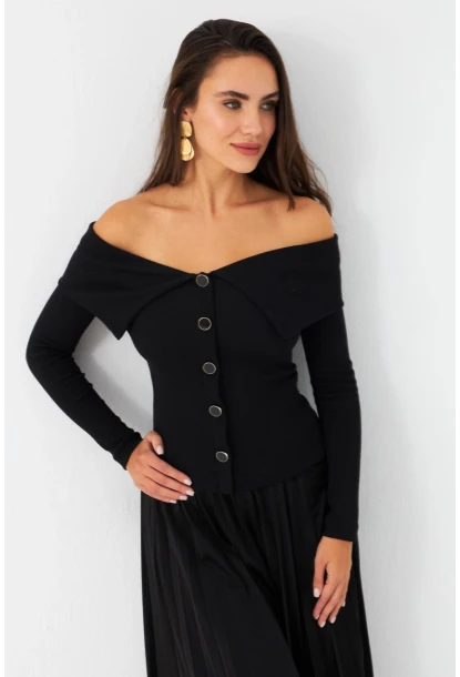 Kadın Siyah Düğme Detaylı Kaşkorse Bluz EY2985