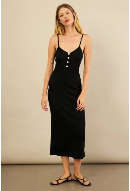 Kadın Siyah Düğme Detaylı Kaşkorse Midi Elbise EY3122