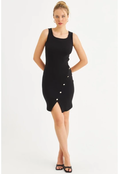 Kadın Siyah Düğme Detaylı Midi Elbise URO1111