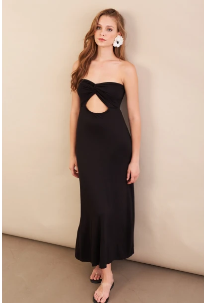 Kadın Siyah Düğümlü Pencereli Straplez Midi Elbise EY3109