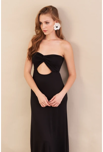 Kadın Siyah Düğümlü Pencereli Straplez Midi Elbise EY3109