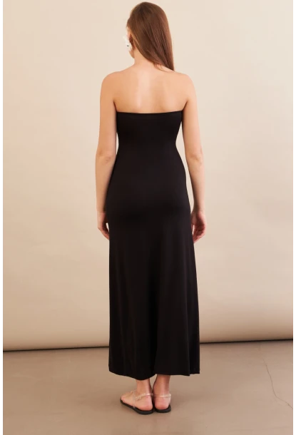 Kadın Siyah Düğümlü Pencereli Straplez Midi Elbise EY3109