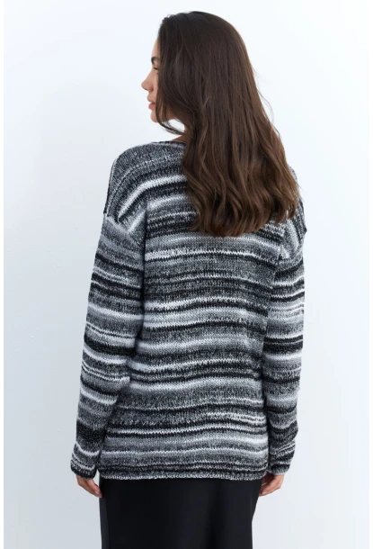 Kadın Siyah-Ekru Çizgili Kazak KAZ28