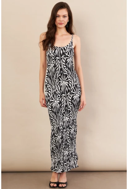 Kadın Siyah-Ekru Desenli Maxi Elbise FLS08