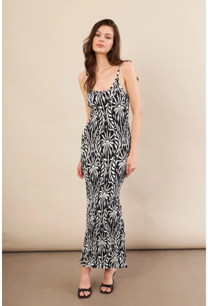 Kadın Siyah-Ekru Desenli Maxi Elbise FLS08