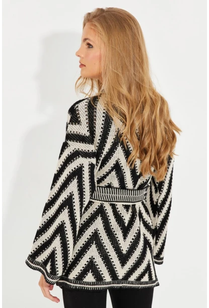 Kadın Siyah-Ekru Kemerli Zikzak Triko Hırka MİW1525