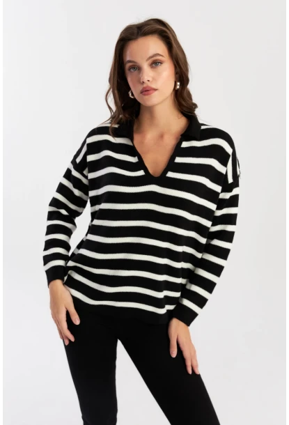 Kadın Siyah-Ekru Polo Yaka Çizgili Triko Kazak COL01