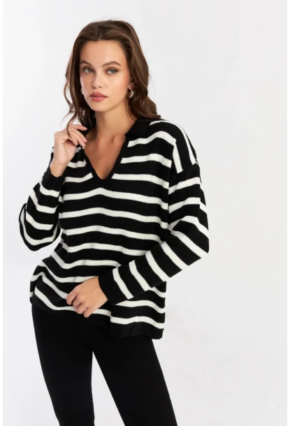 Kadın Siyah-Ekru Polo Yaka Çizgili Triko Kazak COL01
