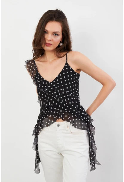 Kadın Siyah-Ekru Puantiye Desenli Fırfırlı Şifon Bluz FS033