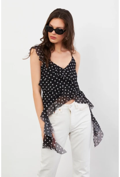 Kadın Siyah-Ekru Puantiye Desenli Fırfırlı Şifon Bluz FS033