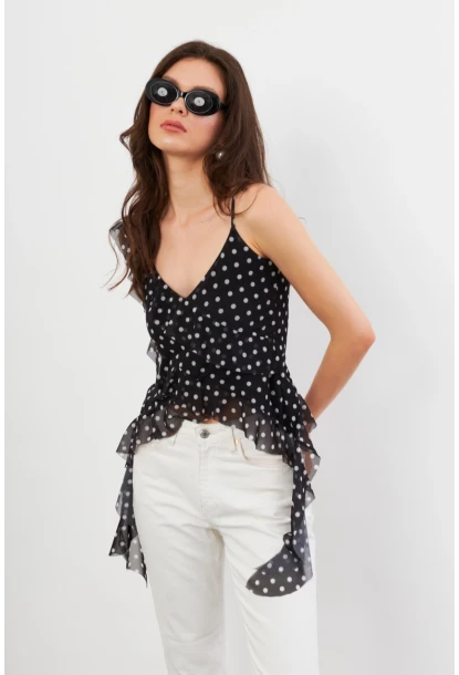 Kadın Siyah-Ekru Puantiye Desenli Fırfırlı Şifon Bluz FS033