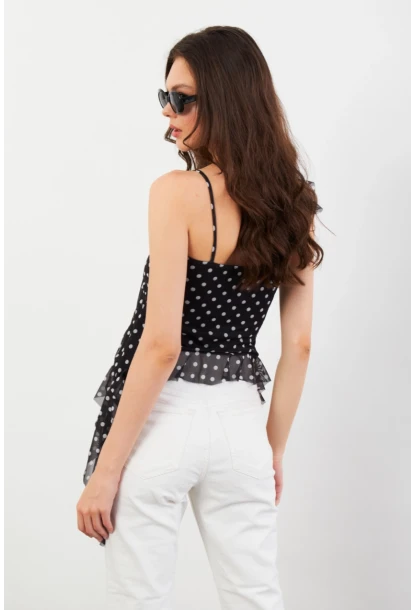 Kadın Siyah-Ekru Puantiye Desenli Fırfırlı Şifon Bluz FS033