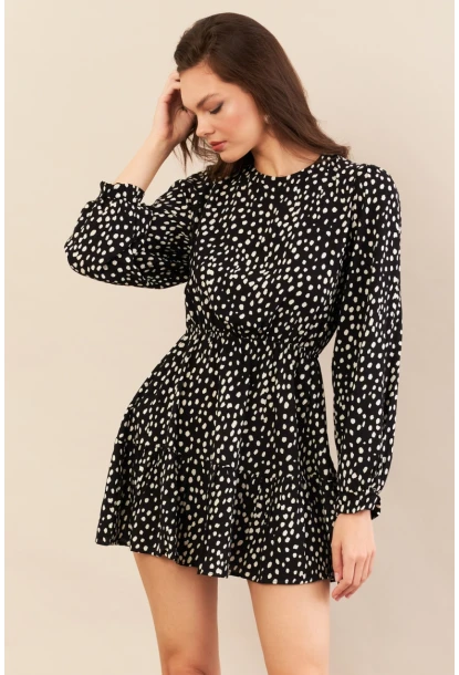 Kadın Siyah-Ekru Sırtı Açık Puantiyeli Mini Elbise BTY107