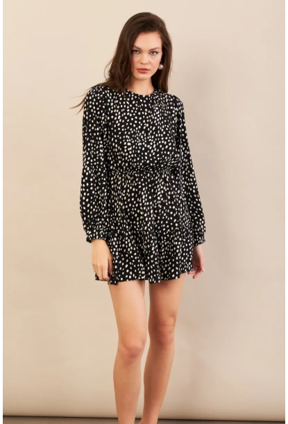 Kadın Siyah-Ekru Sırtı Açık Puantiyeli Mini Elbise BTY107