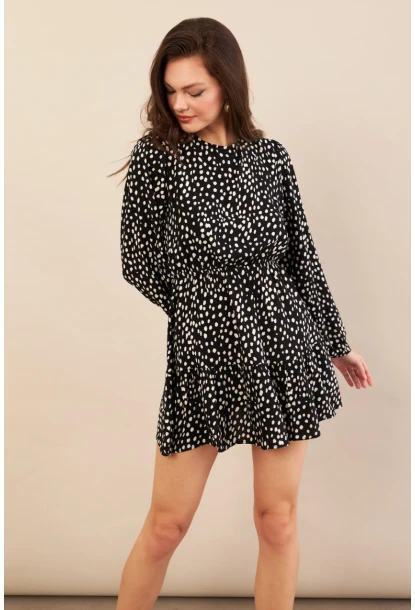 Kadın Siyah-Ekru Sırtı Açık Puantiyeli Mini Elbise BTY107