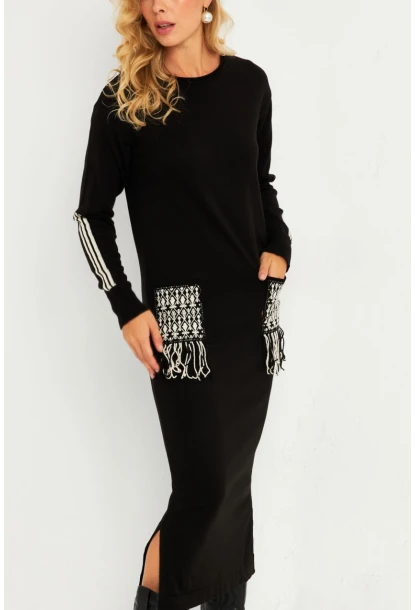 Kadın Siyah Etnik Triko Midi Elbise RH03