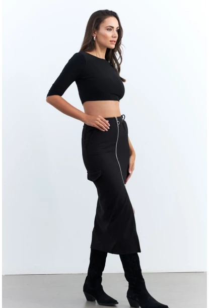 Kadın Siyah Fermuarlı Cepli Midi Etek ELT3999