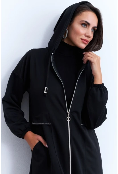 Kadın Siyah Fermuarlı Taşlı Sweat Elbise MASF21