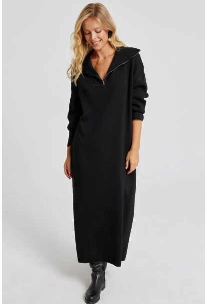 Kadın Siyah Fermuarlı Triko Maxi Elbise SF2525