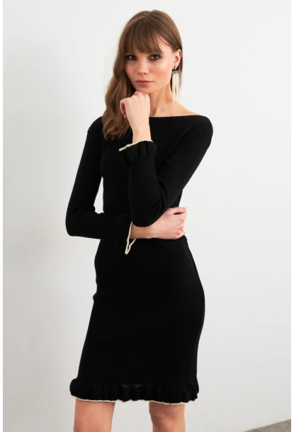 Kadın Siyah Fırfırlı Basic Triko Midi Elbise SF2559