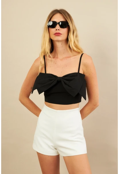 Kadın Siyah Fiyonklu Crop Bluz KED0089