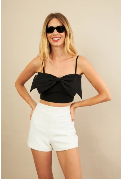 Kadın Siyah Fiyonklu Crop Bluz KED0089