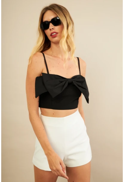 Kadın Siyah Fiyonklu Crop Bluz KED0089