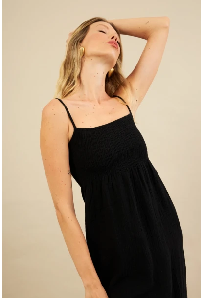 Kadın Siyah Gipeli Midi Müslin Elbise YEL221685