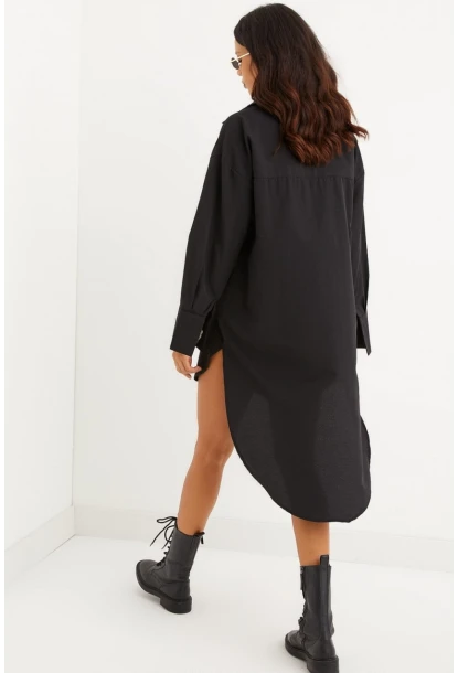Kadın Siyah Gizli Düğmeli Tunik Gömlek Elbise SF1292