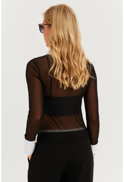 Kadın Siyah Gömlek Yaka Tül Bluz MEN2033