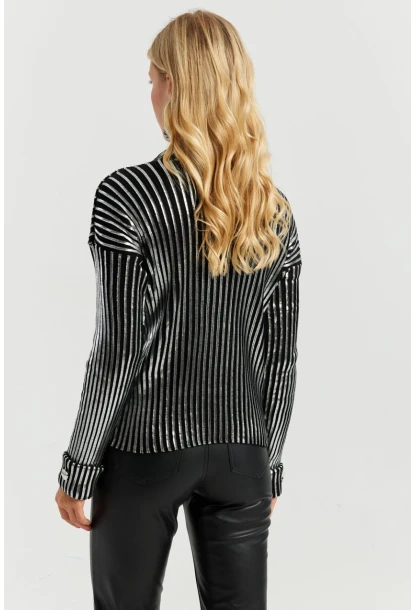 Kadın Siyah-Gümüş Düğme Detaylı Varaklı Triko Kazak SF2532