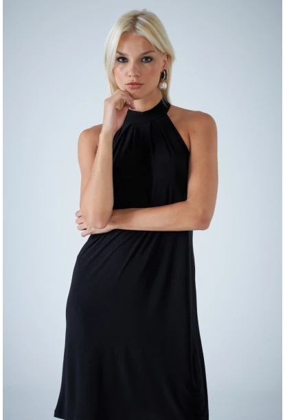 Kadın Siyah Halter Yaka Midi Elbise LPP1309