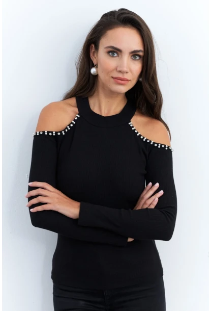 Kadın Siyah İnci Aksesuarlı Bluz RLO86