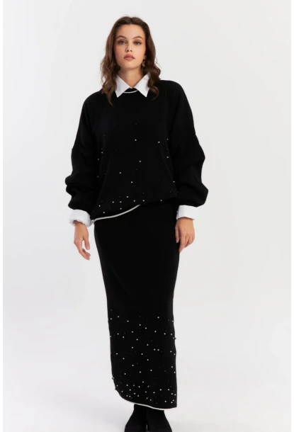 Kadın Siyah İncili Alt Üst Etek Takım YİL554
