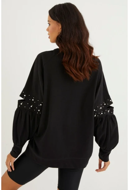 Kadın Siyah İncili Kol Detaylı Sweatshirt PKA400