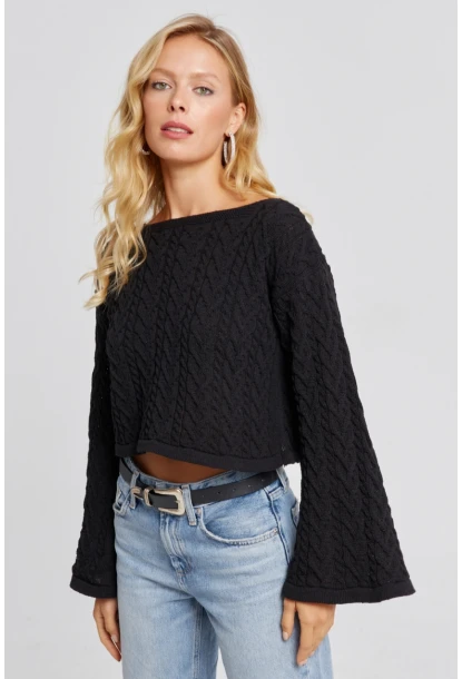 Kadın Siyah İspanyol Kol Ajurlu İnce Triko Kazak YV214-90