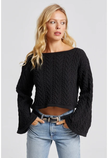 Kadın Siyah İspanyol Kol Ajurlu İnce Triko Kazak YV214-90