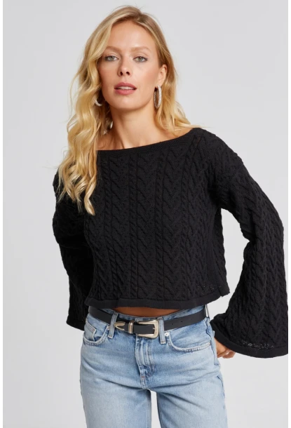 Kadın Siyah İspanyol Kol Ajurlu İnce Triko Kazak YV214-90