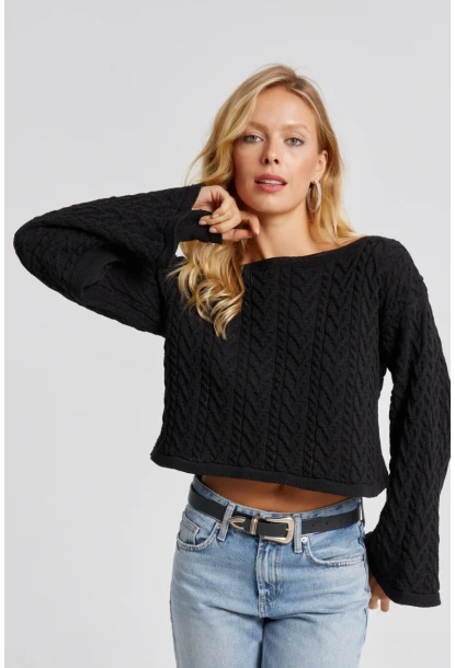 Kadın Siyah İspanyol Kol Ajurlu İnce Triko Kazak YV214-90