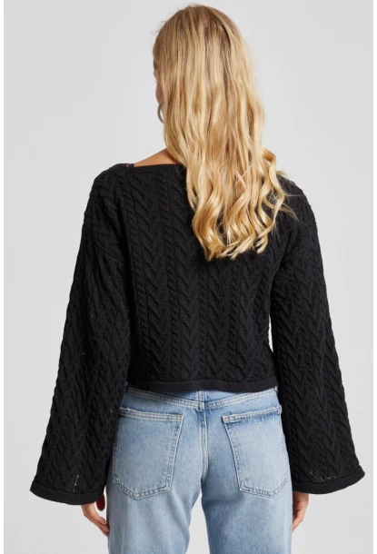 Kadın Siyah İspanyol Kol Ajurlu İnce Triko Kazak YV214-90