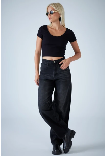 Kadın Siyah Yüksek Bel Baggy Jean TSS388