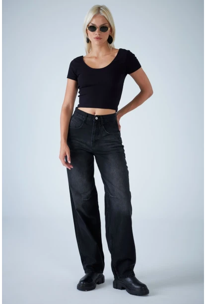 Kadın Siyah Yüksek Bel Baggy Jean TSS388