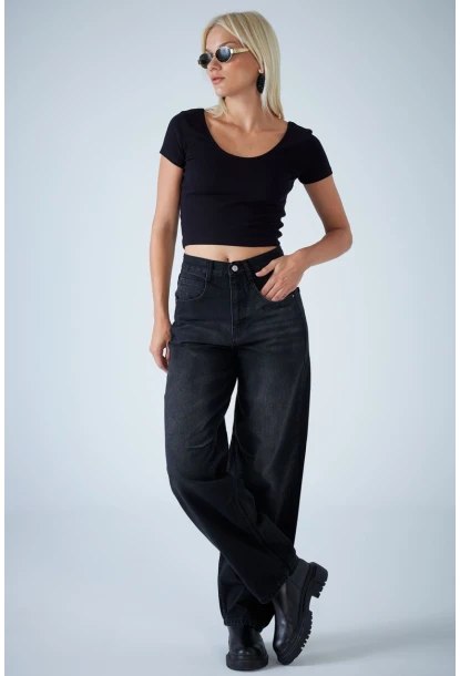 Kadın Siyah Yüksek Bel Baggy Jean TSS388