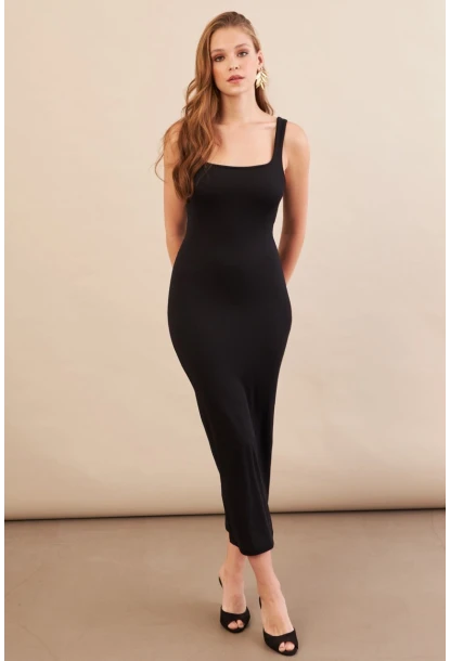 Kadın Siyah Kare Yaka Midi Elbise DMR295-90