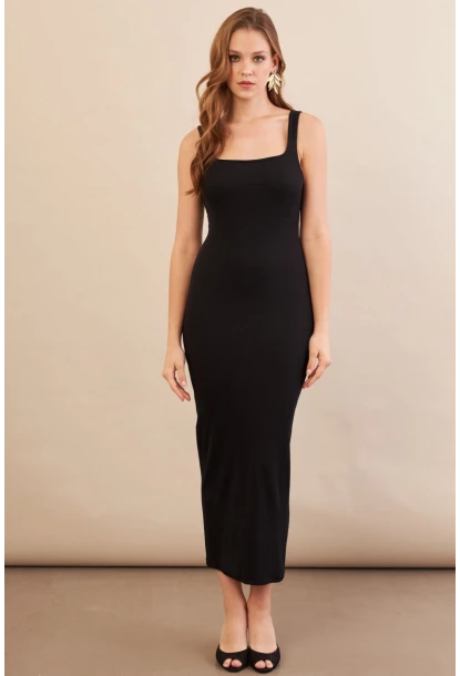 Kadın Siyah Kare Yaka Midi Elbise DMR295-90