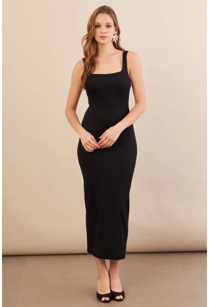 Kadın Siyah Kare Yaka Midi Elbise DMR295-90