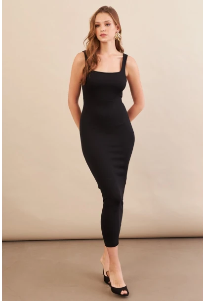 Kadın Siyah Kare Yaka Midi Elbise DMR295-90